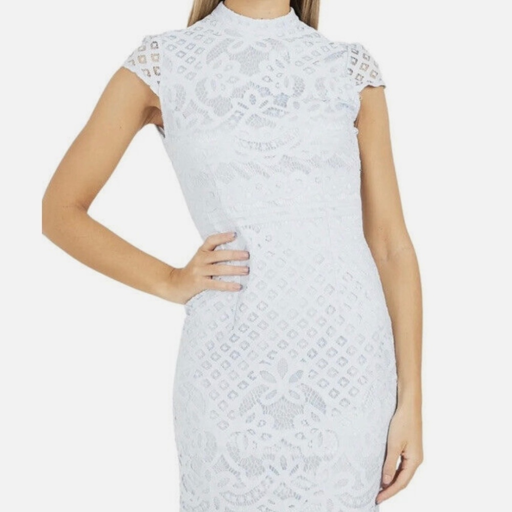 Quiz Lace Mock Neck Dress, Light Blue